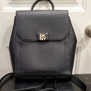 New DKNY Black Textured Leather Backpack with Gold Logo